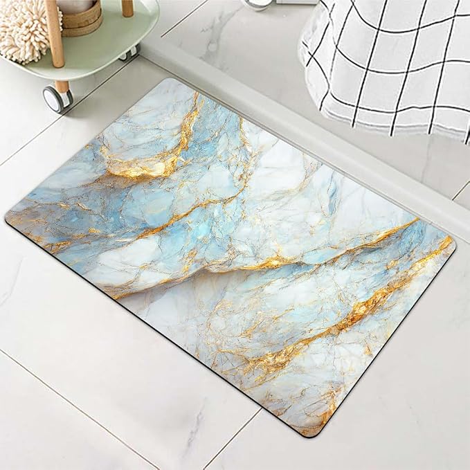 Diatomaceous Earth Bath Mat,Blue, White and Gold Marble Non-Slip Volume Super Absorbent Fast Drying for Bathroom Kitchen Door mat,Eco-Friendly Easy to Clean 16×24Inch (40 * 60cm)