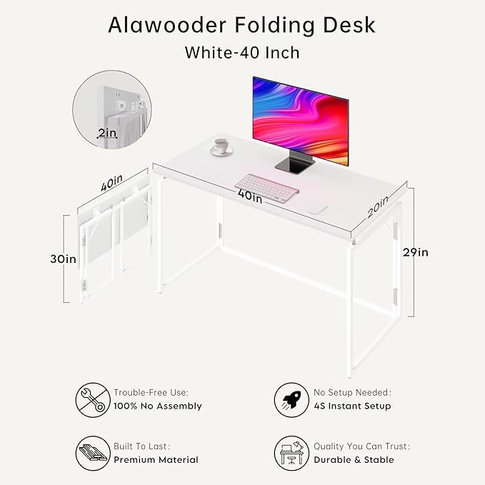alawooder Folding Desk - 39.4” Wood Top Foldable Desk for Small Spaces | No Assembly Required Compact Desk for Home Office, Writing, and Study