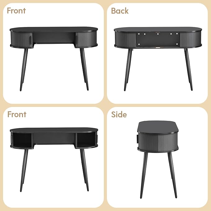 43" Mid-Century Writing Desk with Storage, Mid-Century Modern Home Office Wood Writing Desk for Bedroom, Small Table Compact Workstation for Living Room, Study (Black)