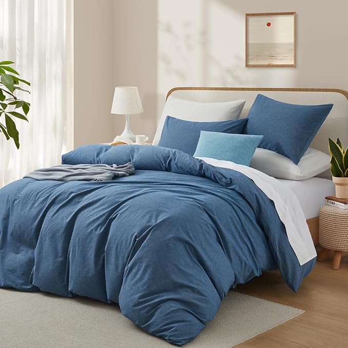 LOVQUE 100% Washed Cotton Duvet Cover King Size, Denim Blue Fade-Resistant Natural Bedding Set (No Comforter), 104x90 Inches