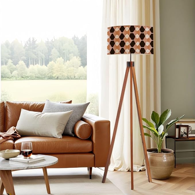 Wood Tripod Floor Lamp Retro seamless pastel brown white elongated diamonds mid century Mid Century Standing Lamp Linen Shade Dimmable Modern Tall lamp Home Decor for Living Room Bedroom Office