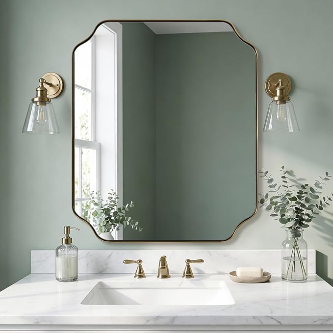 ANDY STAR 36"x40" Brass Vanity Mirror, Large Scalloped Bathroom Mirror, Brushed Gold Trim Mirror in Anti-Rust Stainless Steel Metal Frame, Irregular Shaped Mirror Ideal for Bathroom Remodel