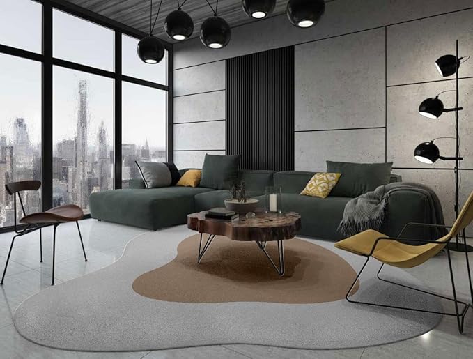 Gray Brown Odd Shaped Rugs 4ft Minimalist Abstract Shaped Rug for Playroom Livingroom Conference Room Non Slip Washable Asymmetrical Rug Stylish Home Office Guestroom Foldable Lightweight Carpet Mat
