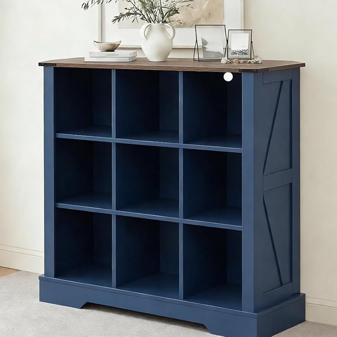 9 Cube Storage Organizer, 3 Tier Book Shelf with Led Lights, Farmhouse Book Shelves for Living Room, Horizontal Toy Storage Bookshelf, Wood Display Bookcase Cabinet for Bedroom, Office, Blue