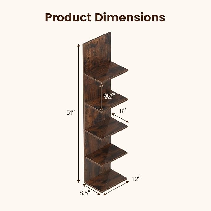 GOFLAME 5-Tier Wall Shelf, Wooden Display Floating Shelves, Wall Mounted Bookshelf Shelving Unit, Modern Storage Organizer Vanity Shelves for Living Room, Bedroom, Home Office (2,Rustic Brown)