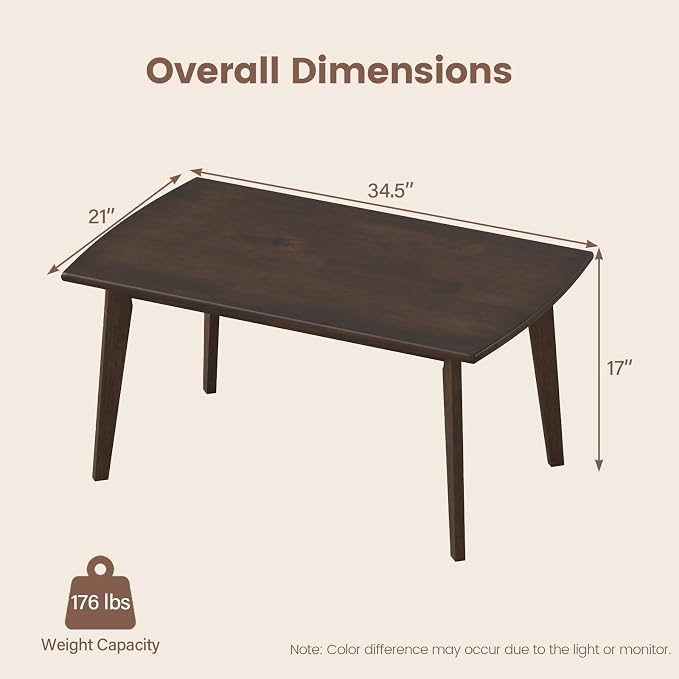 GOFLAME Solid Wood Coffee Table, 34.5" x 21" x 17" Mid-Century Modern Center Table with Storage, Curved Edges, Retro, Small Japanese Floor Table with Tapered Legs for Living Room, Apartment, Walnut