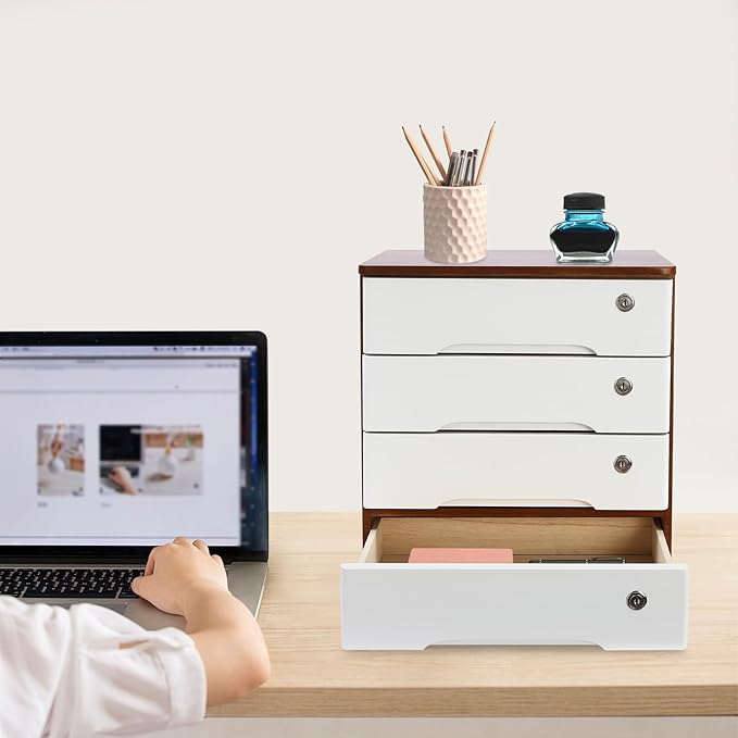 Wooden Desk Organizer with Drawers & Lock Desktop Storage Cabinet Tabletop Organizing Unit for Home Office Supplies File Stationery Jewelry (Dark Brown, 4 Tiers)