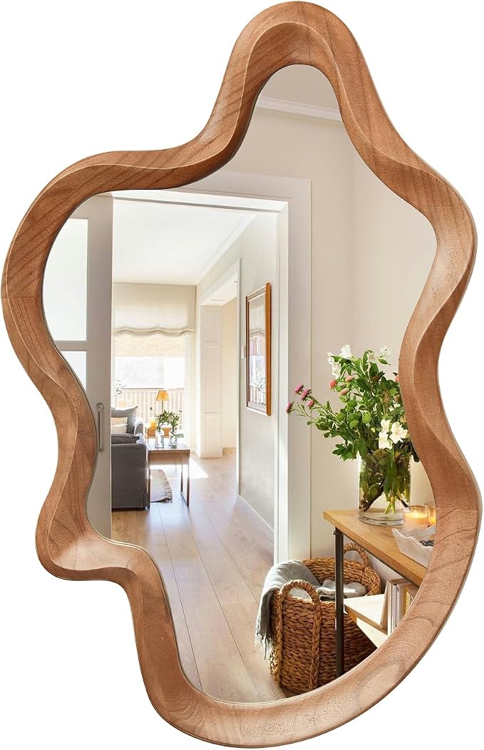 sawsile Irregular Wall Mirror,21""x 32""Asymmetrical Mirror Wood,Wooden Framed Wall Mirror,Modern Large Vanity Bathroom Mirror,Walnut Wavy Mirror for Entryway,Bedroom,Living Room,Washroom, Brown a