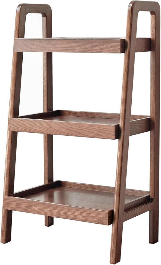 3-Tiers Ladder Shelves, 100% Solid Wood Ladder Bookshelf with Storage, Small Bookshelf, Small Side End Table for Living Room, Kitchen, Bathroom (Walnut Color)