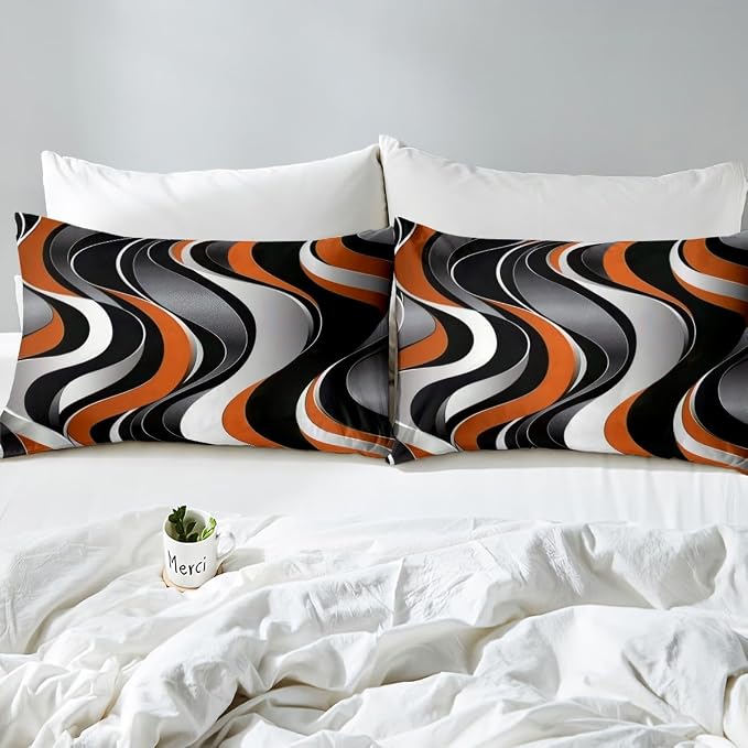 Erosebridal Geometric Wavy Lines Comforter Cover Full for Kids Boys Girls,Minimalist Abstract Art Duvet Cover,Modern Aesthetic Bedding Set,Orange Grey Black Bed Set with 2 Pillowcases Bedroom Decor