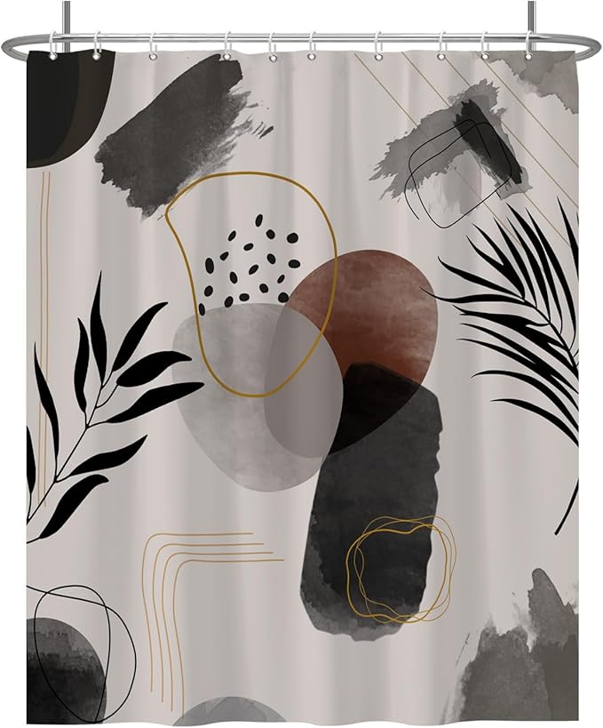 Baocicco Boho Shower Curtain Black Grey Plants Leaves Mid Century Modern Abstract Shower Curtains Decorative for Bathroom Waterproof Fabric Shower Curtain with Hooks 60x72 Inches