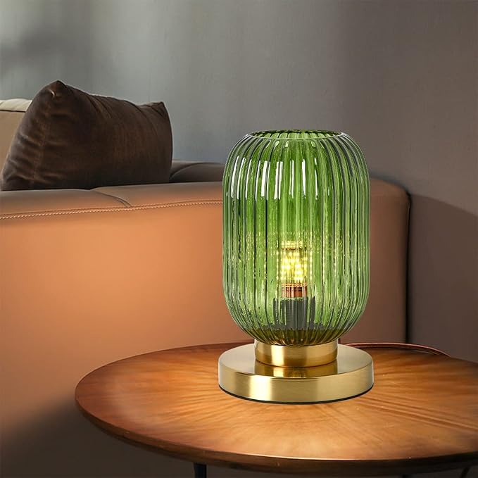 Glass Table Lamps Mid Century Modern Globe Table lamp Gold Desk lamp nightstand lamp with Green Pumpkin Design Ribbed Glass Bedside Table Lamp for Bedroom Living Room Office