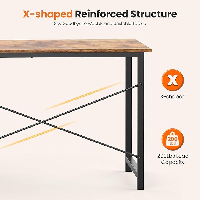 Sweetcrispy 47 Inch Computer Desk with Drawers for Home Office Writing Desk X Shaped Reinforcement Wood Surface Adjustable Position Modern Study Work Side Hook Metal Frame Storage Station Rust