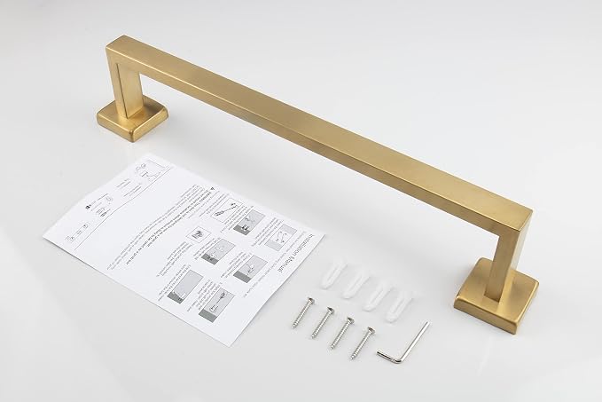 TocTen Bath Towel Rack - Square Base Thicken SUS304 Stainless Steel Towel Bar for Bathroom, Bathroom Accessories Towel Rod Heavy Duty Wall Mounted Towel Holder. (Brushed Gold, 12)