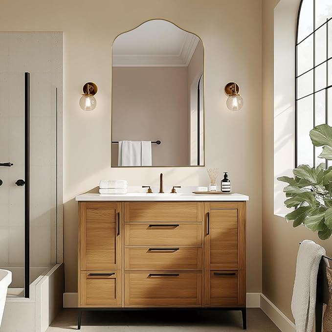 ANDY STAR Brass Scalloped Arched Wall Mirror, 24x38 Brushed Gold Irregular Bathroom Mirror with Curved Design for Vanity, Powder Room, Fireplace, Mantel, Stainless Steel Frame, Rustproof