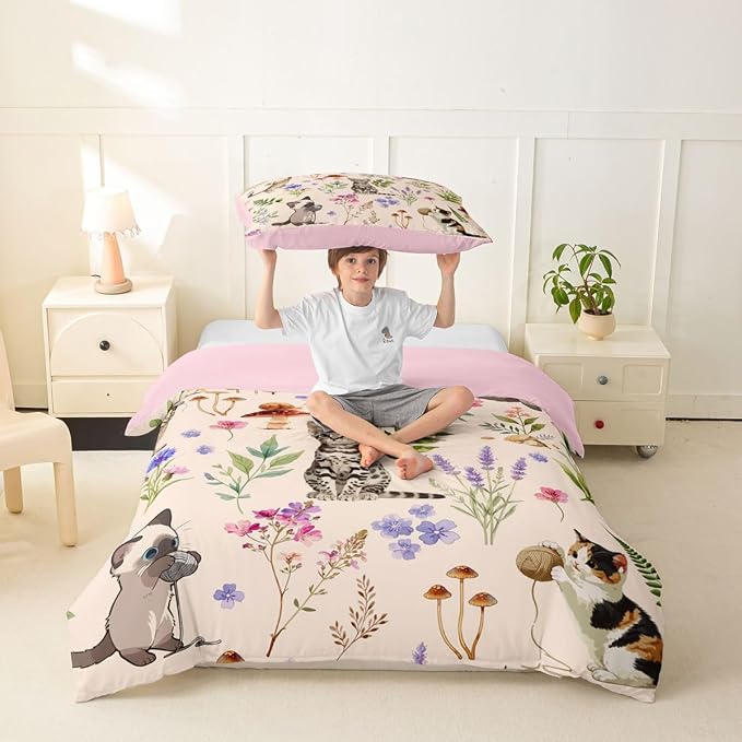 Erosebridal Cute Cat Comforter Cover Twin Kitten Cat Lovers Bedding Set Beige Boho Watercolor Floral Duvet Cover for Kids Girls Boys Adults Funny Pet Animal Bed Set