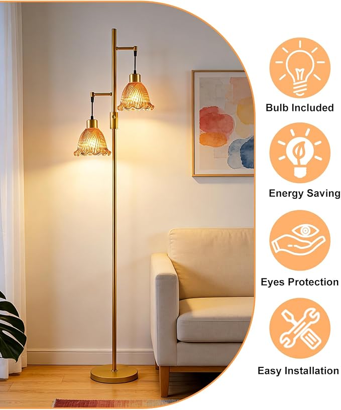 2-Light Modern Glass Floor Lamp, Gold Tall Standing Lamp with Deep Red Bell Glass Shade for Reading, Dimmable LED Floor Lamp with 5Lbs Heavy Base for Living Room Bedroom Home Decor, Bulb Included