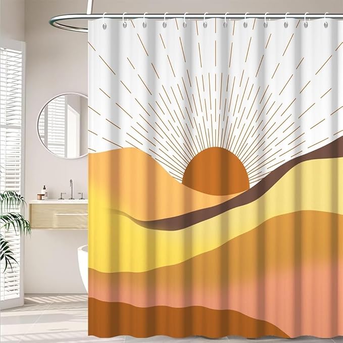 Mid Century Boho Shower Curtain Set Abstract Orange Sunrise Mountain Bathtub Curtains Brown Retro Minimalist Aesthetic Bathroom Decor Machine Washable Waterproof Polyester Fabric with Hooks 69x75 Inch