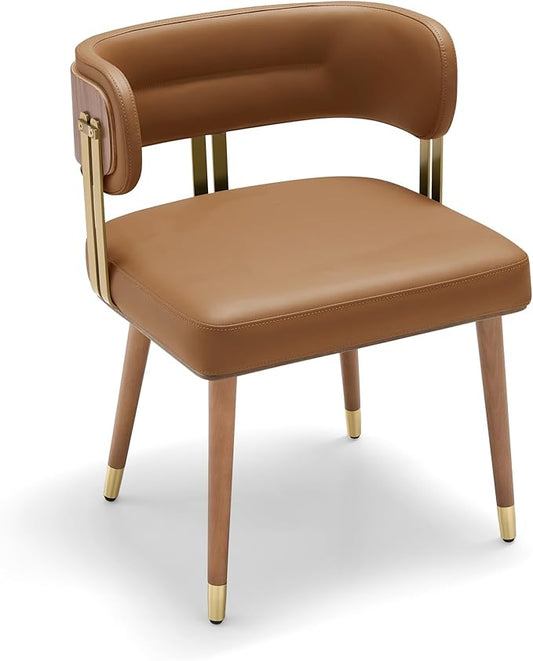 Modern Upholstered Leather Dining Chairs with High-Resilience Foam Cushion, Walnut Wood Veneer&Gold Metal Legs, 22Lx20.5Wx28.3H Inches, Anti-Slip Kitchen Chairs for Dining Room,Light Brown