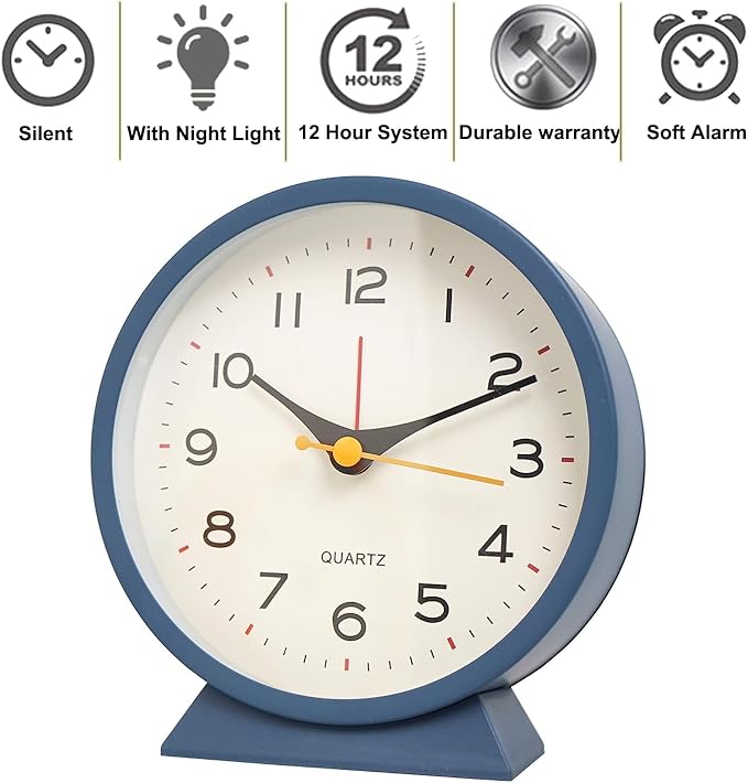 SHISEDECO 4.5" Battery Operated Antique Retro Analog Alarm Clock, Small Silent Bedside Deskclock with Light Function, Non-Ticking Tableclock for Living Room, Bedroom, Bedside, Shelf (Navy Blue)