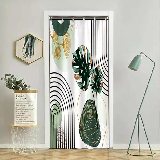 Mid Century Boho Shower Curtain - Green Palm Gold Ginkgo Leaf Abstract Arch Decorative Bath 36x72 Inch Polyester Fabric Waterproof Aesthetics Bathroom With Hooks