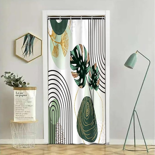 Mid Century Boho Shower Curtain - Green Palm Gold Ginkgo Leaf Abstract Arch Decorative Bath 36x72 Inch Polyester Fabric Waterproof Aesthetics Bathroom With Hooks