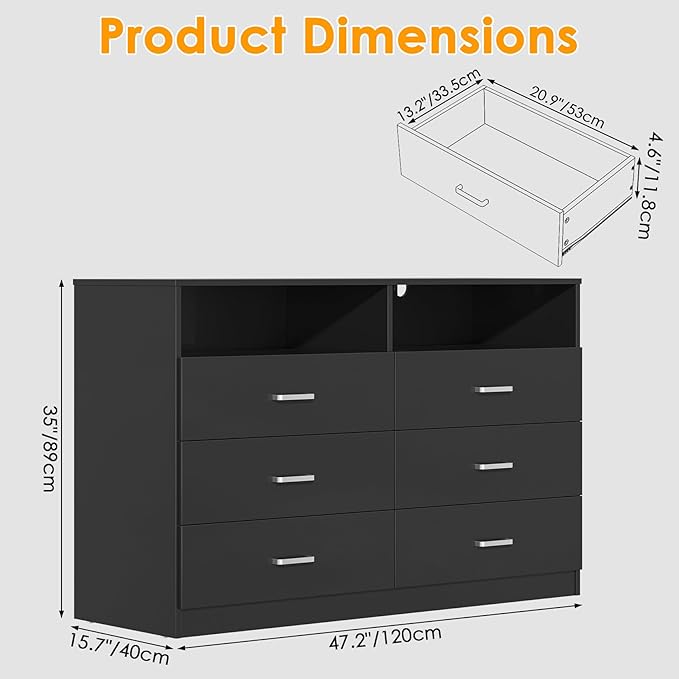 Bigbiglife 6 Drawers Dresser for Bedroom with Open Storage Cubby, Double Wide Dresser Organizer for Bedroom, Living Room, Entryway, Hallway (Black)