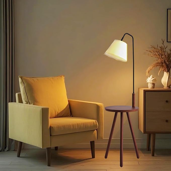 Fiqevs Wood Tripod Floor Lamp with Shelf & LED Bulbs, Mid-Century Modern Standing Lamp with Wooden Shelf & Linen Shade for Living Room, Bedroom, Office
