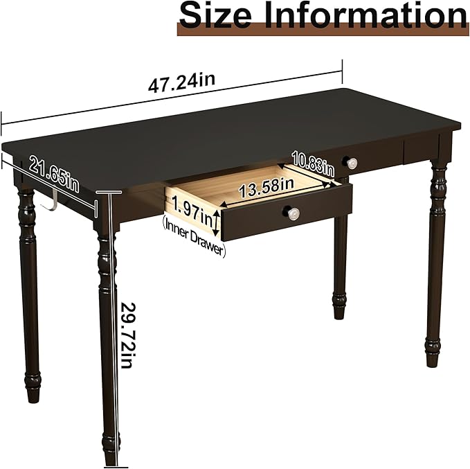 Mid Century Modern Desk, 47" Black Solid Wood Desk with 2 Drawers, Boho Writing Desk Computer Table for Home, Office, Bedroom, Living Room