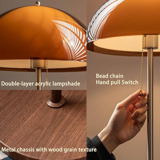 Mushroom Floor Lamp 63" H Orange Floor Lamp for Living Room with Gradient Double Dome Lampshade 3 Color Adjustable Light Pull Chain Switch MCM Standing Lamp for Bedroom Office Study Room