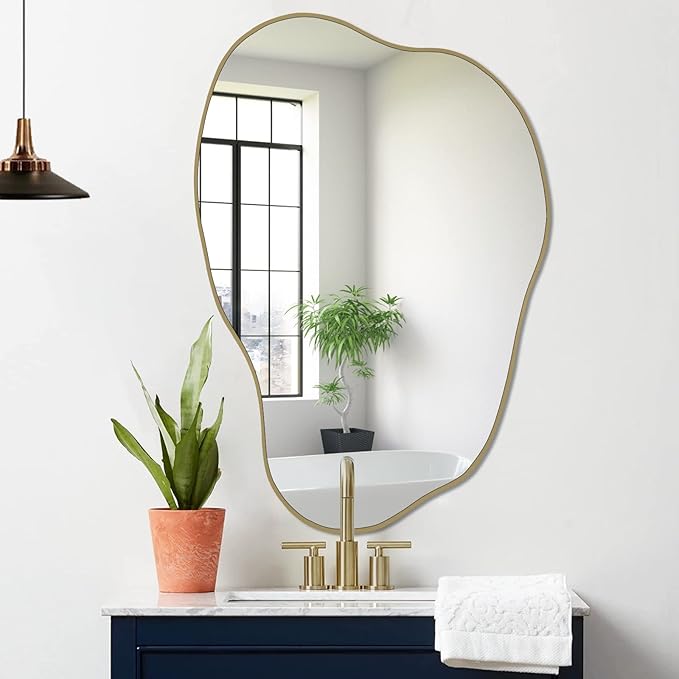 POZINO Gold Irregular Mirror, 30"x20.5" Cloud Shaped Mirrors, Asymmetrical Wall Mirror, Modern Abstract Frameless Mirrors for Living Room Bathroom Bedroom Entryway