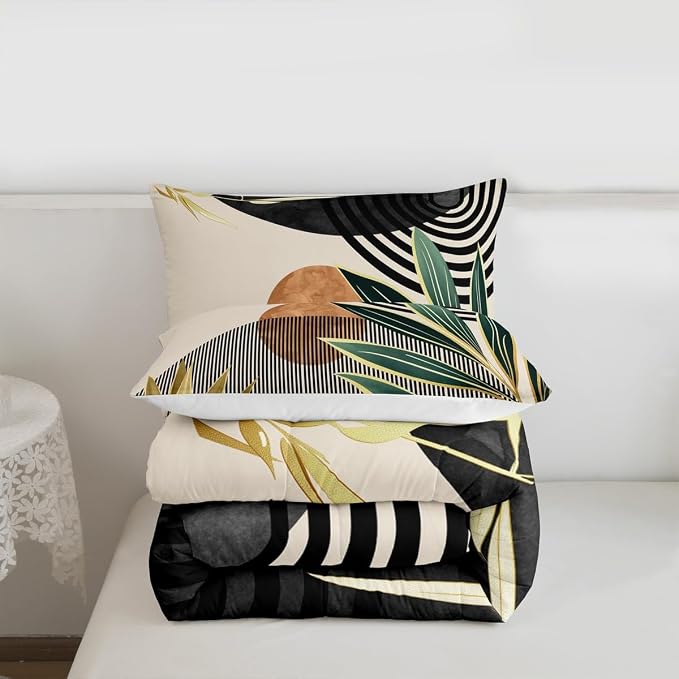 Erosebridal Mid Century Modern Comforter Set Queen Boho Botanical Minimalist Bedding Set,Vintage Line Art Down Comforter Modern Simple Abstract Aesthetic Duvet Insert,Black Beige