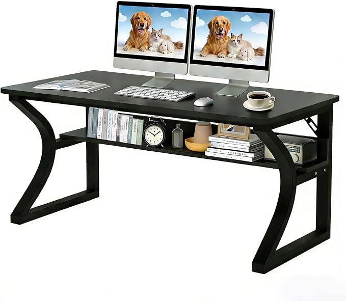 55 X 23.6'' Computer Desk, Home Office Desks w/Shelf Storage, Computer Desk w/Metal Frame, Cable Management, Study Student Desk Writing Work Table Deeper & Thicker Desktop for Home Bedroom