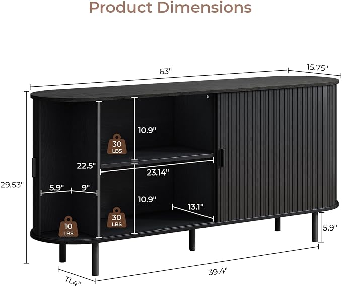 Buffet Cabinet with Storage, Fluted Sideboard Buffet with Sliding Door, Coffee Bar Cabinet with Adjustable Shelf, Console Table, Accent Table for Entryway, Kitchen (Black, 63 Inch)