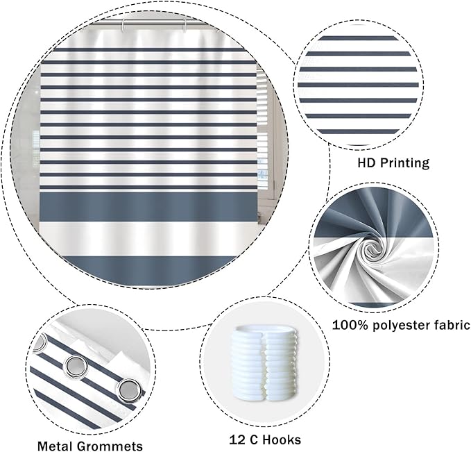 Abstract Stripes Fabric Bathroom Shower Curtain - Navy Blue Lines Modern Minimalist with Hooks - Polyester Waterproof Artistic Decor, 72x78 Inch
