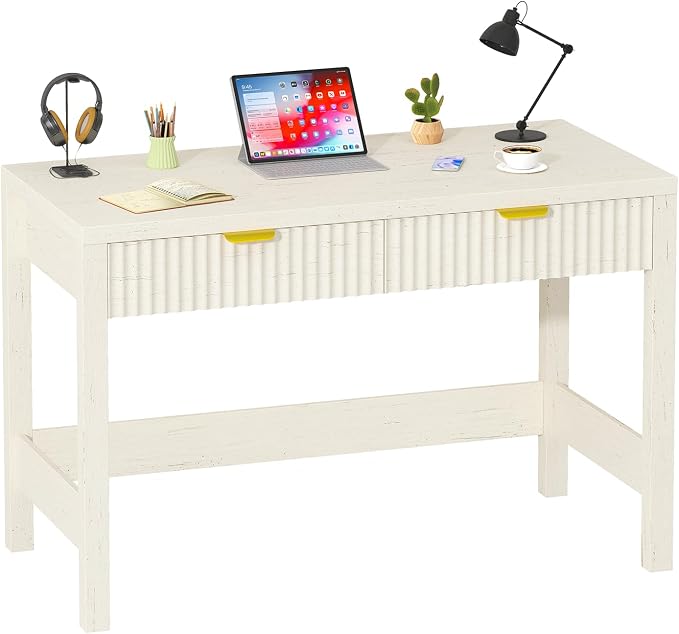 YOMILUVE Fluted Computer Desk with 2 Drawers, 39 Inch Small Computer Desk with Storage, Compact Writing Study Vanity Desk for Small Spaces, White