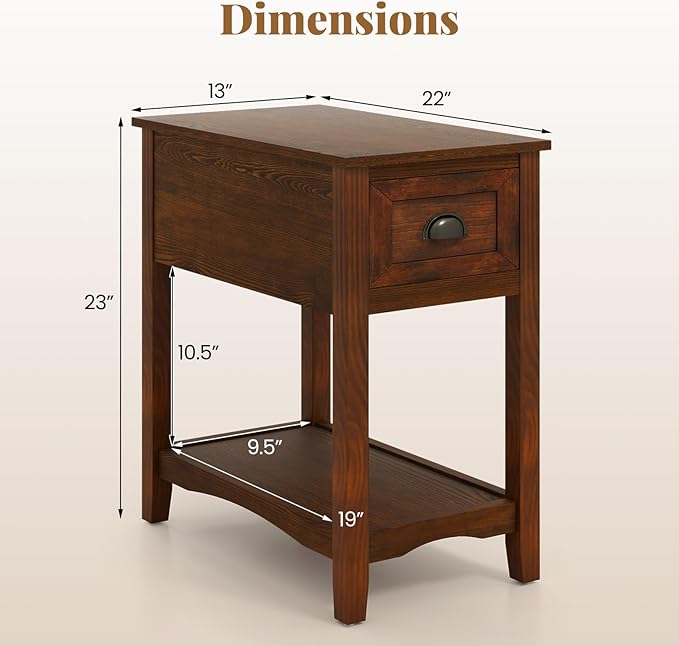 Giantex End Table with Drawer, Retro Narrow Side Table, Nightstand with Solid Wood & Stroage Shelf, Bedside Table for Living Room Bedroom Small Space Home Office (1, Walnut)