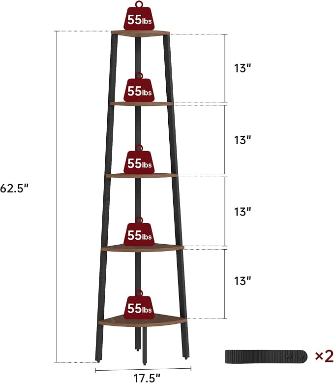 Corner Shelf, 5 Tier Ladder Corner Bookshelf, Display and Bookshelf Stand Unit, Anti Tip Feature, Space Saving, Ideal for Plants, Books, Living Room, Bedroom, Walnut