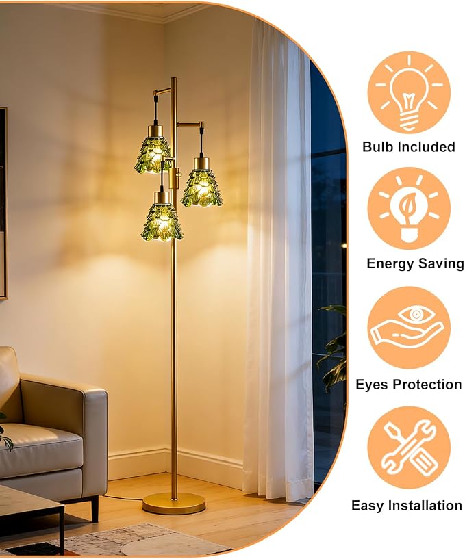 3-Light Modern Glass Floor Lamp, Gold Standing Tall Lamp with Green Pinecone Glass Shade for Reading, Dimmable LED Floor Lamp with 5Lbs Heavy Base for Living Room Bedroom Home Decor, Bulb Included