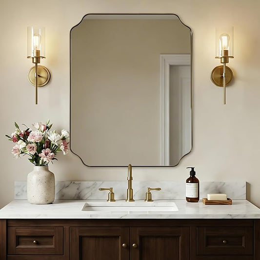 ANDY STAR 28"x36" Brushed Brass Bathroom Mirror, Scalloped Mirror for Bathroom, Champagne Bronze Mirror in Anti-Rust Stainless Steel Thin Frame, Wall Mount Vertical or Horizontal