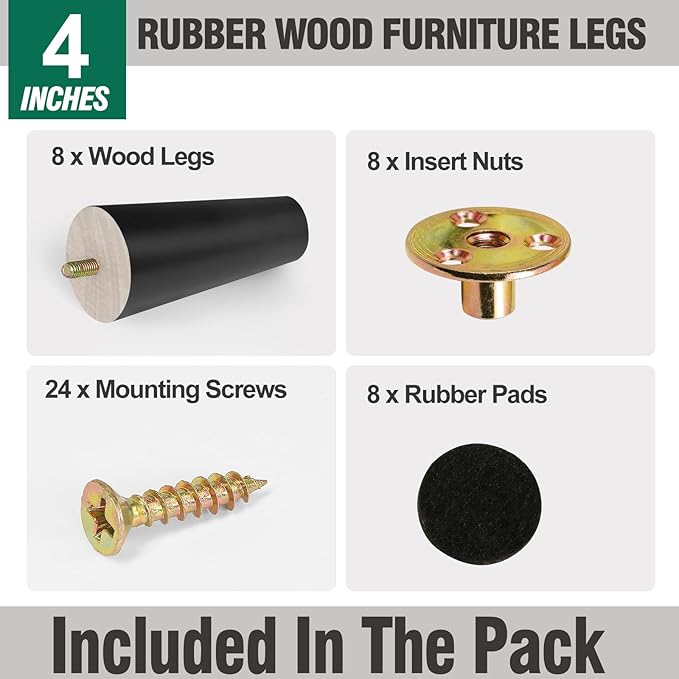 FoDau770 Black Rubber Wood Furniture Legs 4 Inches, Straight Tapered Wood Feet Mid Century Sofa Legs Set of 8, 5/16" UNC Furniture Feet for Cabinet Couch Dresser Chair Ottoman Table