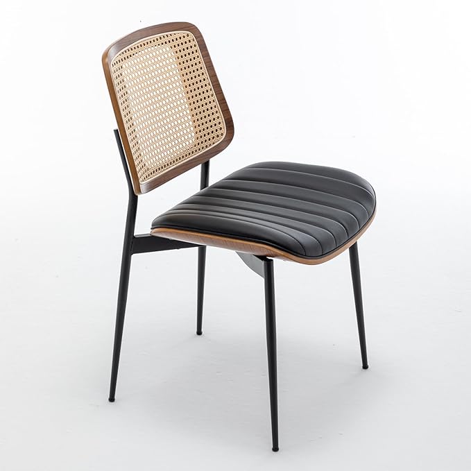 LUNLING Dining Chairs Set of 2 Mid Century Modern Retro Faux Leather Kitchen Chairs with Walnut Bentwood Upholstered Seat Metal Legs Adjustable Foot for Kitchen Dining Room Chairs(Black-Rattan Back)