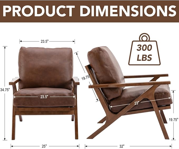 chairus Mid-Century Modern Brown Faux Leather Accent Chairs Set of 2, Comfy Upholstered Lounge Armchairs with Removable Cushions & Solid Wood Frame, Retro Reading Chairs for Living Room Bedroom Office