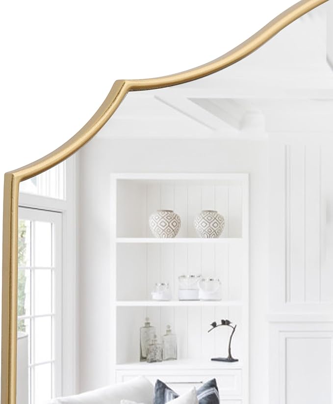 Besdomus Gold Scalloped Wall Mirror: 40"x29" Large Modern Minimalist Bathroom Mirror - Decorative Vanity Arched for Dresser/Entryway/Fireplace/Mantle/Living Room - Home Decor for Housewife