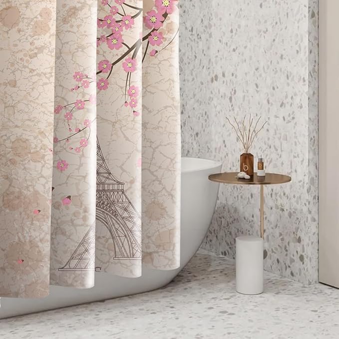 Paris Eiffel Tower Shower Curtain Pink Cherry Blossom Vintage Romantic France Scenery Shower Curtains Bathroom Accessories Waterproof Polyester Fabric with Hooks, 72 x 78 Inch