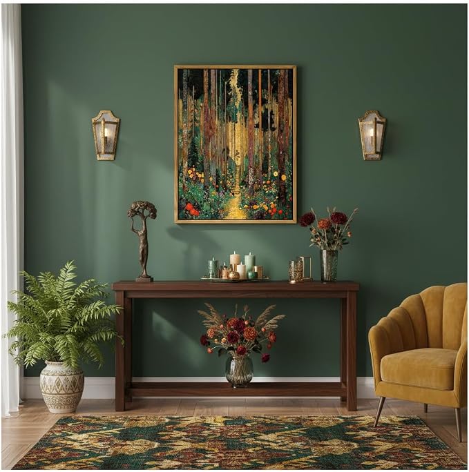 Floating Framed Gustav Klimt Forest Path Canvas Wall Art, Boho Floral Trees Print Poster, Colorful Abstract Nature Wall Decor Picture, for Modern Living Room and Bedroom Home Decoration, 12x16in