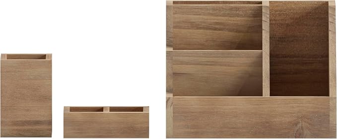 Merrick Lane Ceely 3 Wood Organizer Set - Rustic Brown Solid Pine Wood - For Desktop, Table Top, or Vanity