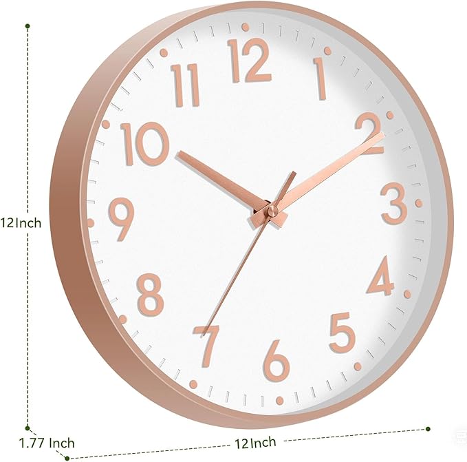 Mosewa Wall Clock 12 Inch, Battery Operated Silent Non-Ticking Modern Analog Clock Decorative for Kitchen, Bedroom, Office, Living Room(Rose Gold)