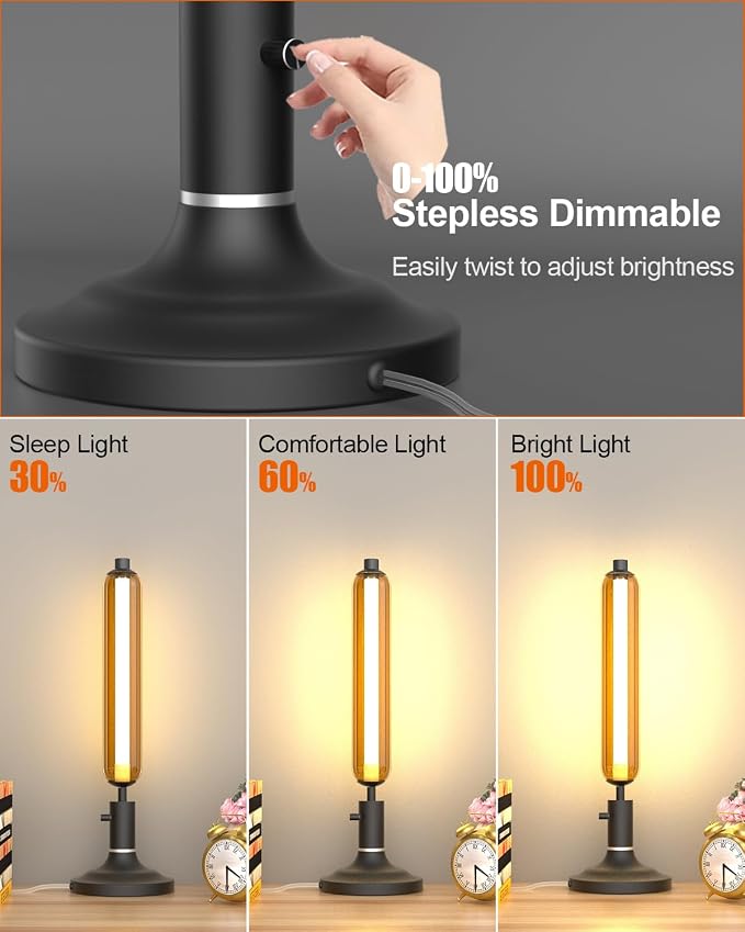 Lightdot Minimalist Table Lamp for Living Room, Mid Century Modern Farmhouse Bedside Lamps with Brown Glass Shade, 3000K Warmwhite Dimmable Nightstand Lamp for Bedroom-Black