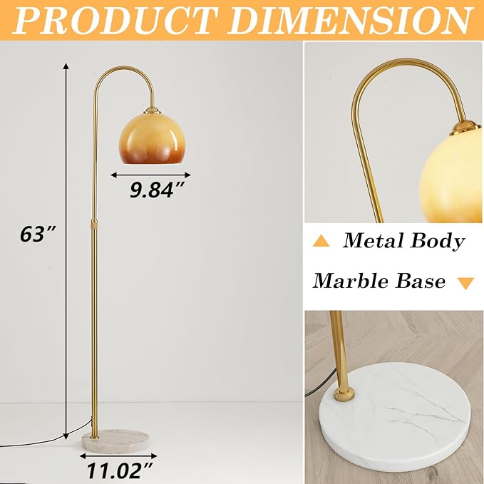 MIXL-Gradient Orange Shade Arc Floor Lamp,Gold Standing Light with Marble Base,Mid Century Modern Standing Lamps for Living Room Bedroom